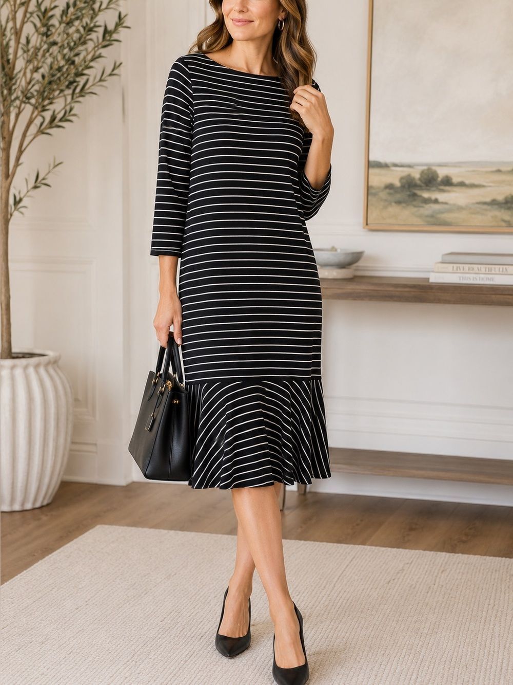 Lauren Ralph Lauren Black White Stripe Ruffle Hem Midi Dress Stretch Size L